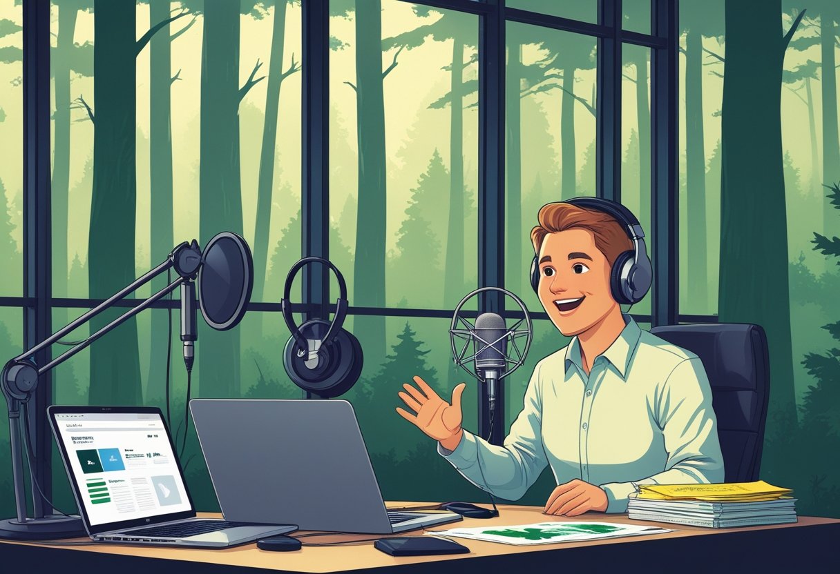 A radio host speaking into a microphone in a studio with a forest scene visible through a window and materials related to sharing information on the desk.