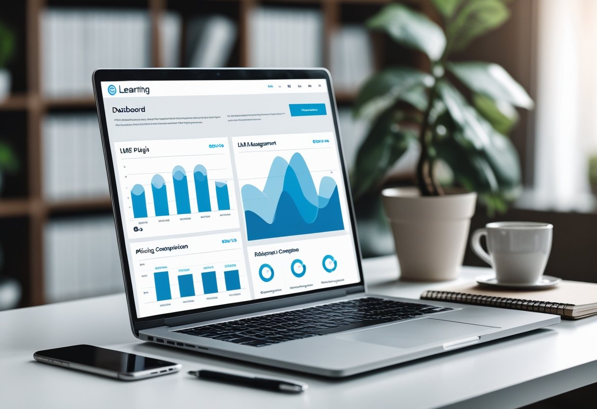 A modern workspace with a laptop showing a dashboard, a smartphone, notebook, and coffee cup on a desk with bookshelves and a plant in the background.