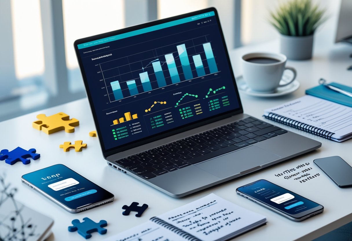 A modern workspace with a laptop, smartphone, and tablet showing e-learning development tools, surrounded by office items like a notebook and coffee cup.