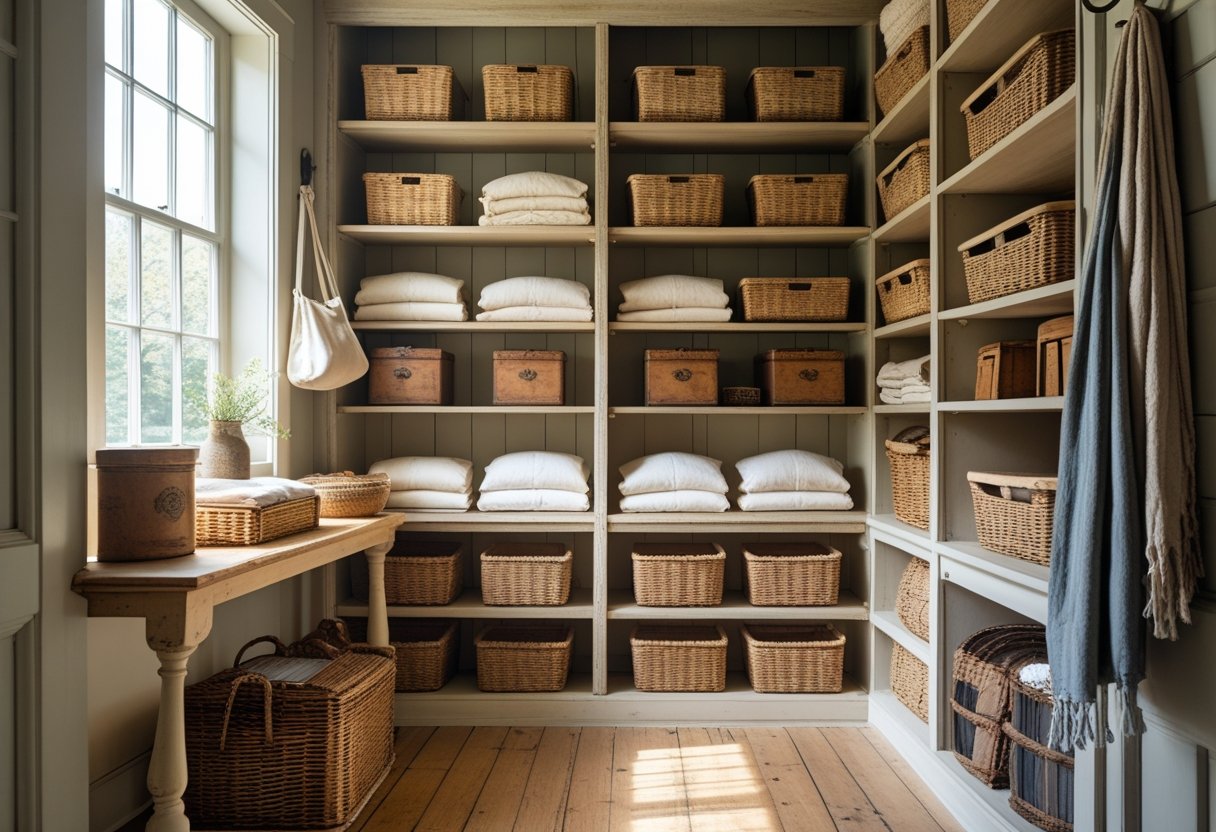 An old house closet with wooden shelves holding linens, wicker baskets, and decorative boxes, lit by natural light from a nearby window.