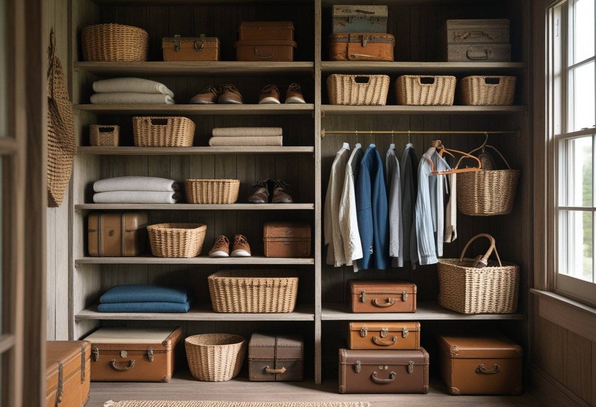 An old house closet with wooden shelves, woven baskets, vintage suitcases, and clothing hangers, softly lit by natural light.