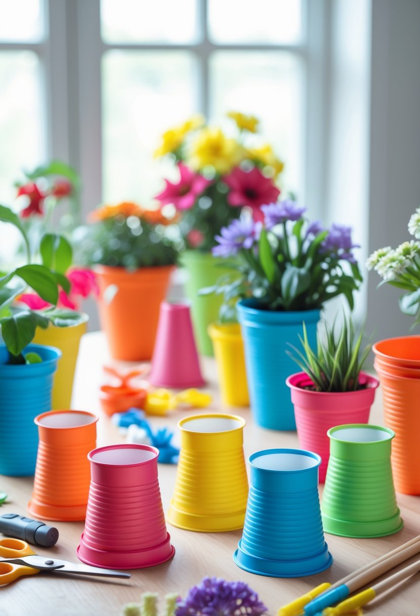 A table displaying 15 colorful plastic cup crafts including flower pots, lanterns, and toys with crafting tools around them.