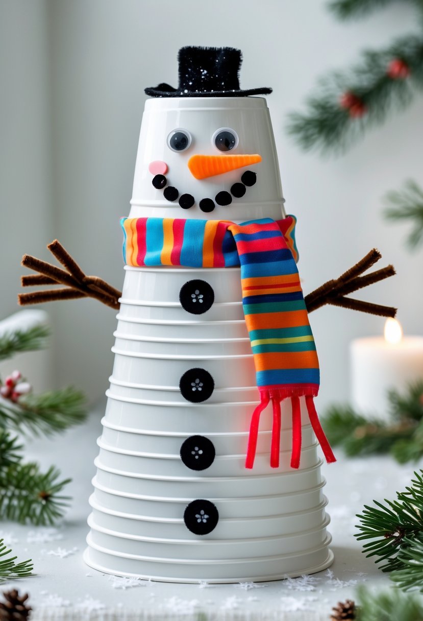 A snowman made from stacked white plastic cups decorated with buttons, a carrot nose, and a scarf, surrounded by winter decorations.