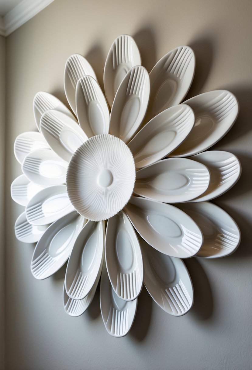 A large flower-shaped wall art made from white plastic spoons arranged in layered petals on a plain wall.