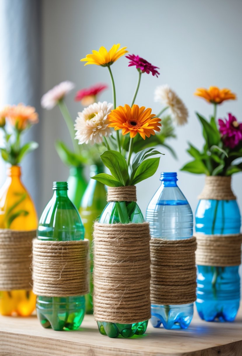 Several plastic bottles wrapped in jute twine used as flower vases, arranged on a wooden surface with fresh flowers inside.