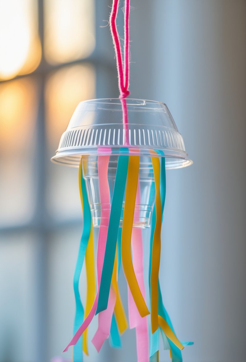 A mini jellyfish craft made from a clear plastic cup with colorful tentacles hanging below, suspended against a softly blurred background.