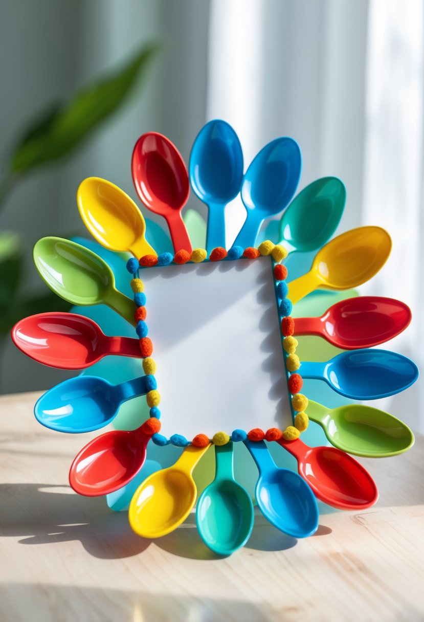 A colorful decorative picture frame made from painted plastic spoons arranged in a flower-like pattern around a central empty square.