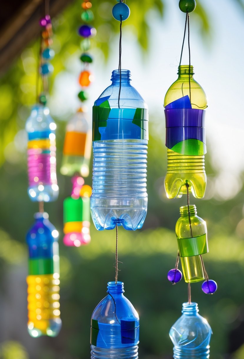 Colorful wind chimes made from recycled plastic bottles hanging outdoors with greenery in the background.