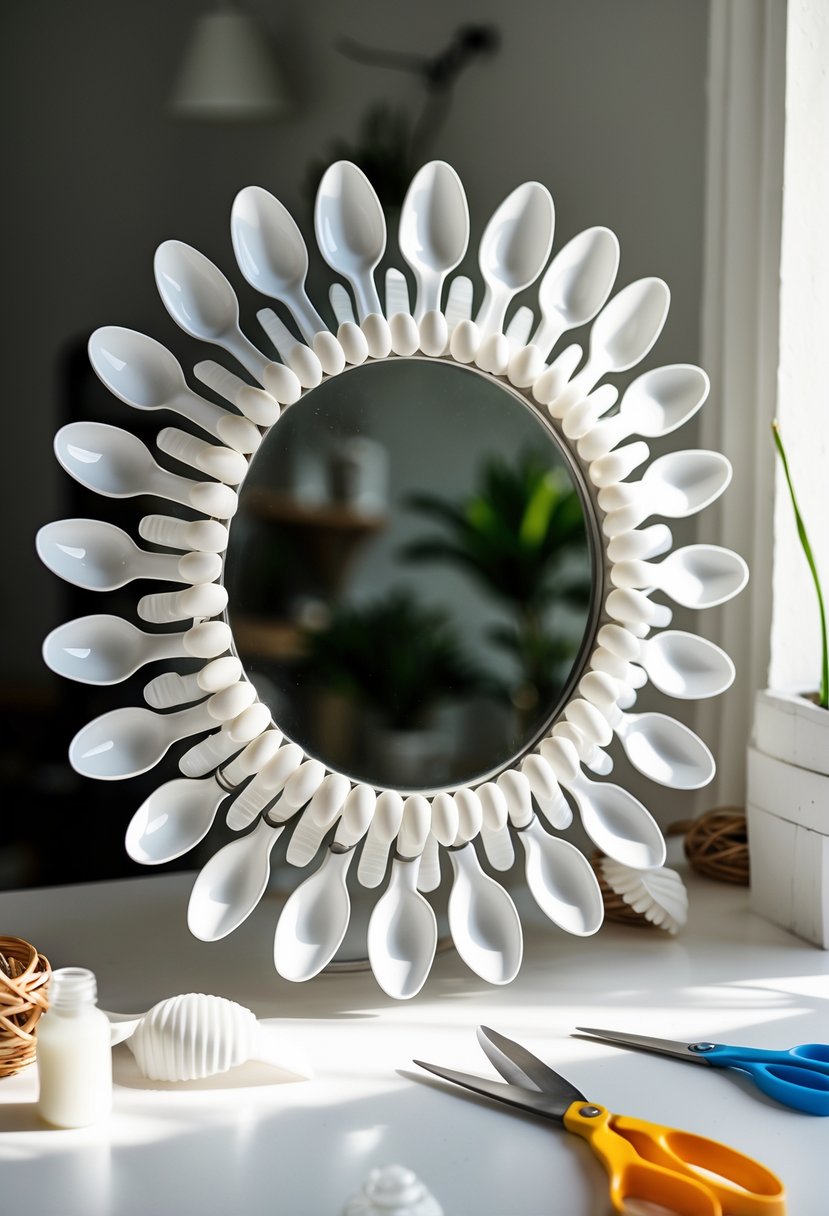 A circular mirror framed by white plastic spoons arranged in a decorative pattern on a bright surface with crafting supplies nearby.