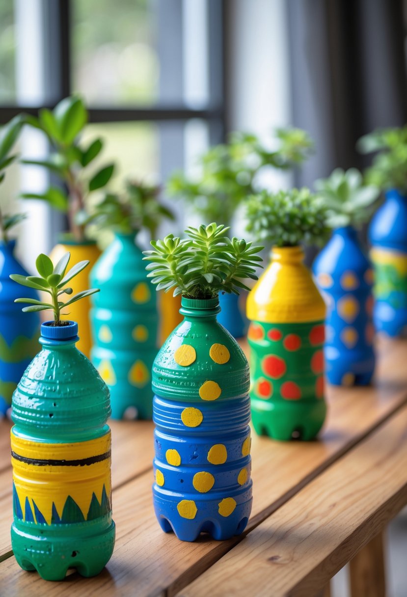 Colorful painted plastic bottle planters with green plants arranged on a wooden table.