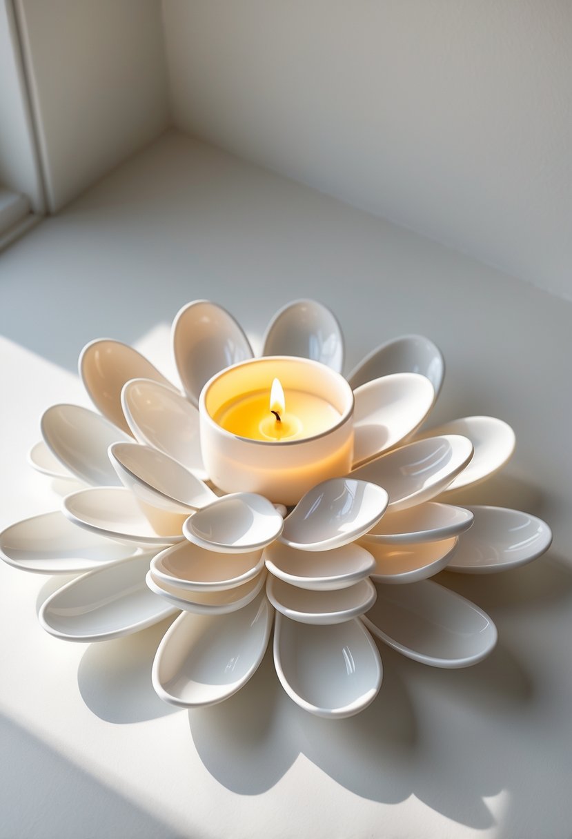 A candle holder made from white plastic spoons arranged like flower petals with a small lit candle in the center on a plain background.
