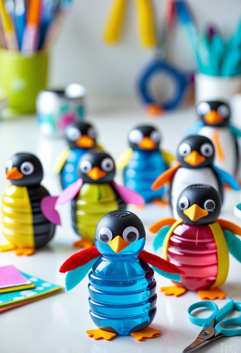 Colorful penguin figurines made from recycled plastic bottles arranged on a white surface with craft supplies in the background.