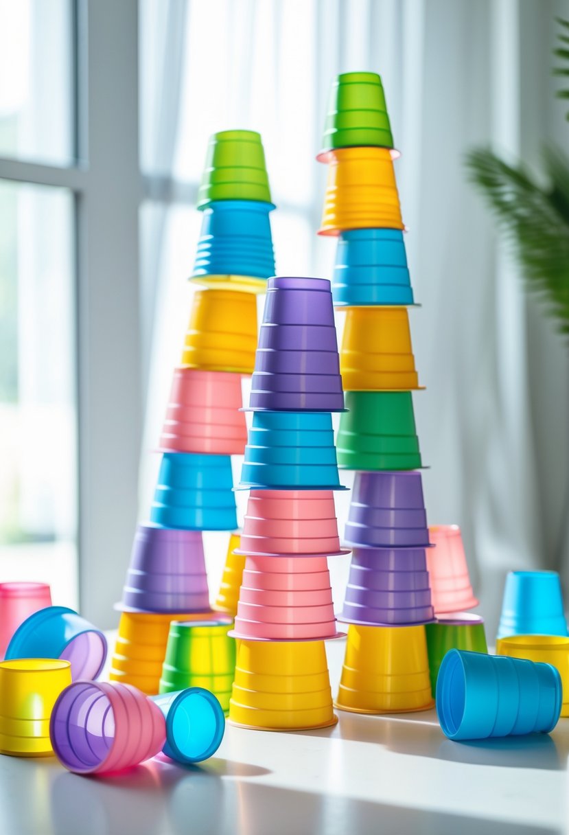 A colorful castle made from stacked plastic cups on a neutral surface.