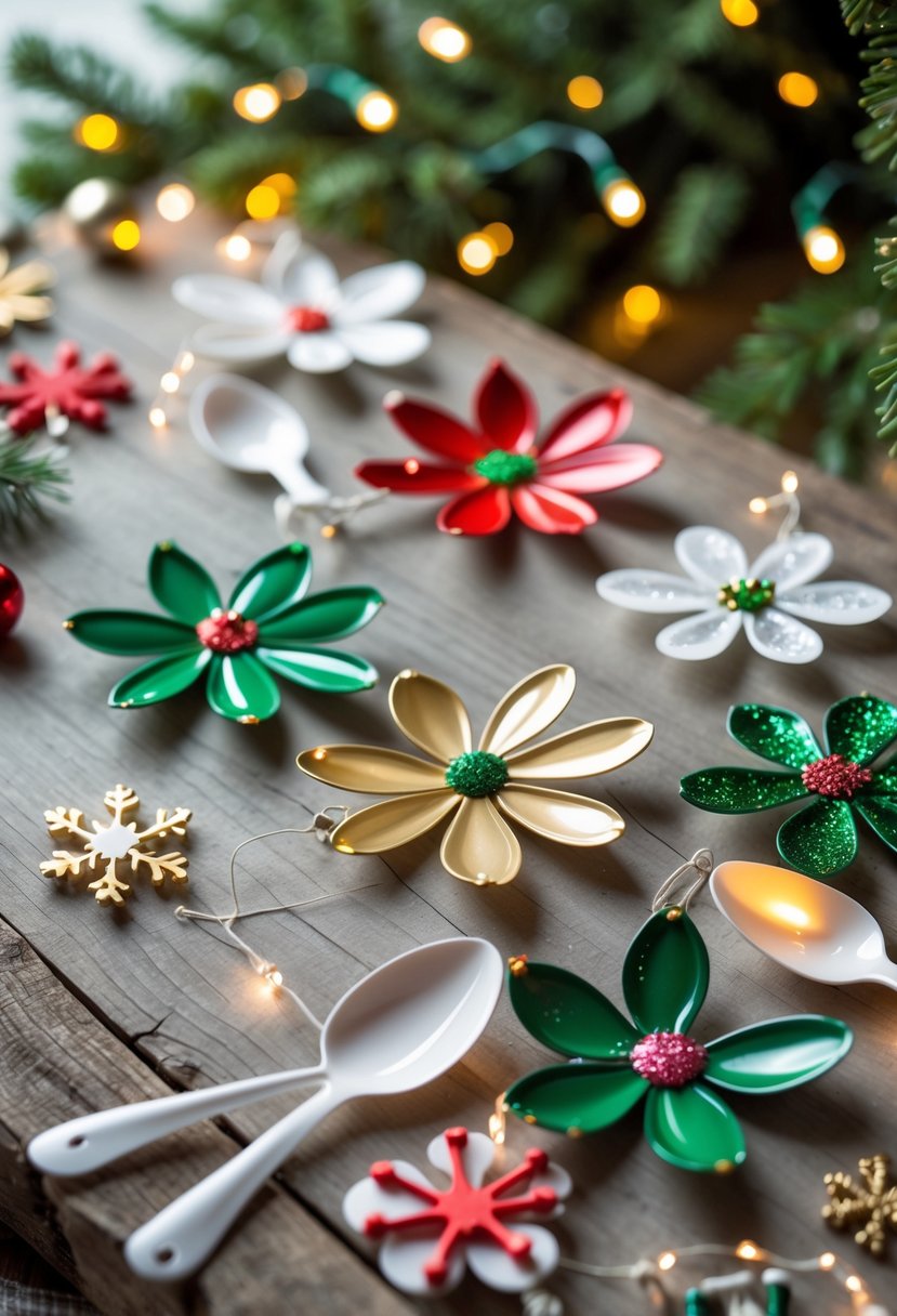 A collection of colorful Christmas ornaments made from plastic spoons arranged on a wooden surface with holiday decorations in the background.