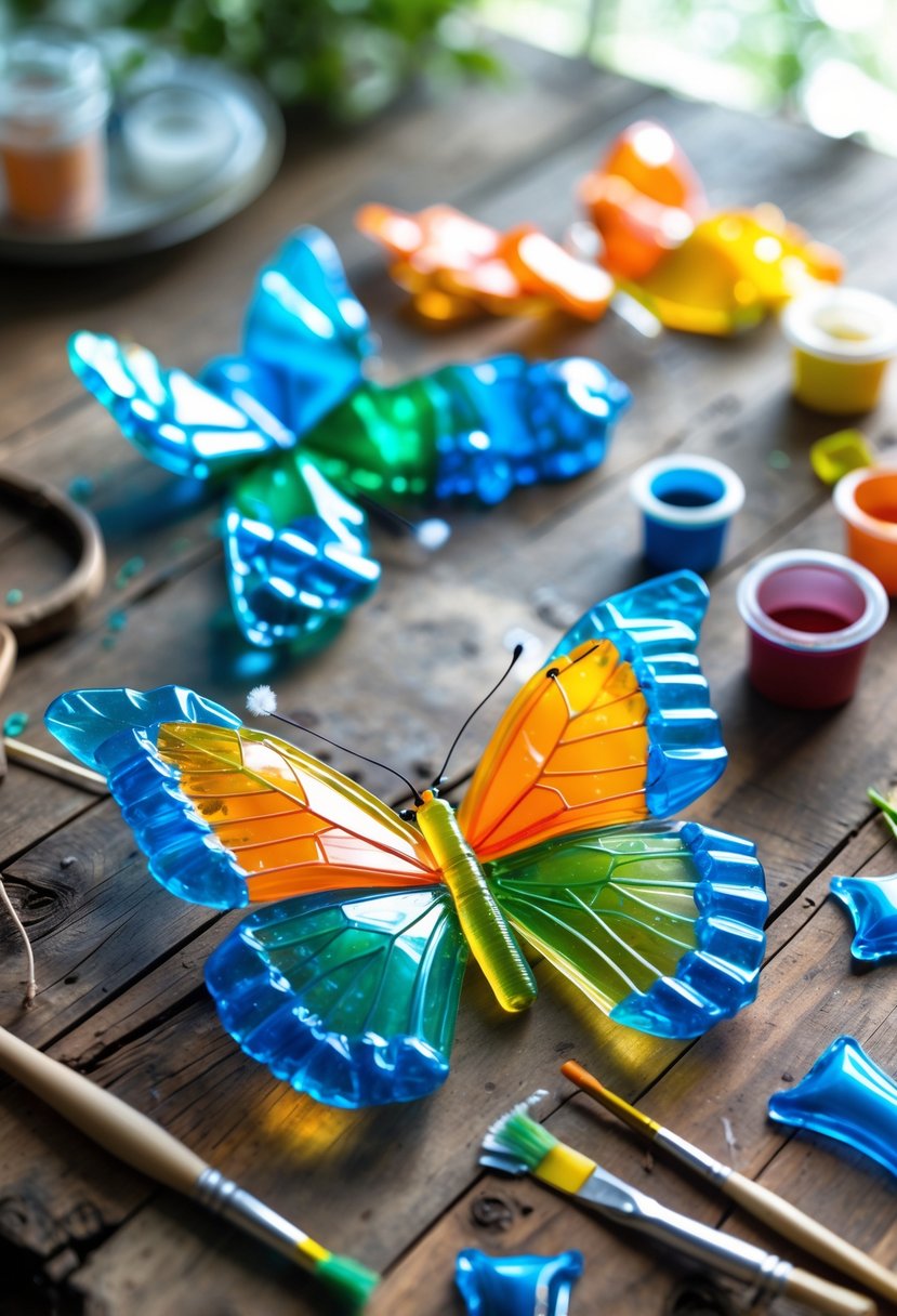 Colorful butterfly decorations made from cut recycled plastic bottles arranged on a wooden table with crafting tools nearby.