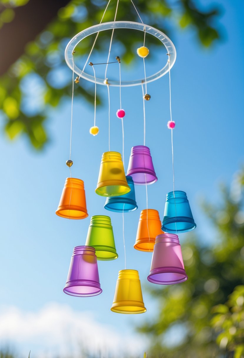 A colorful plastic cup wind chime hanging outdoors, gently swaying with green trees and blue sky in the background.