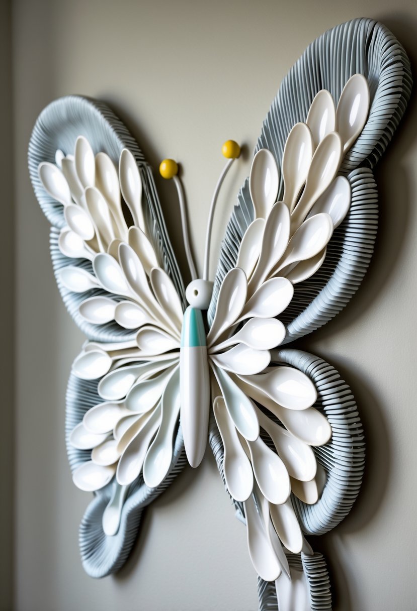 A butterfly-shaped wall hanging made from arranged plastic spoons mounted on a wall.