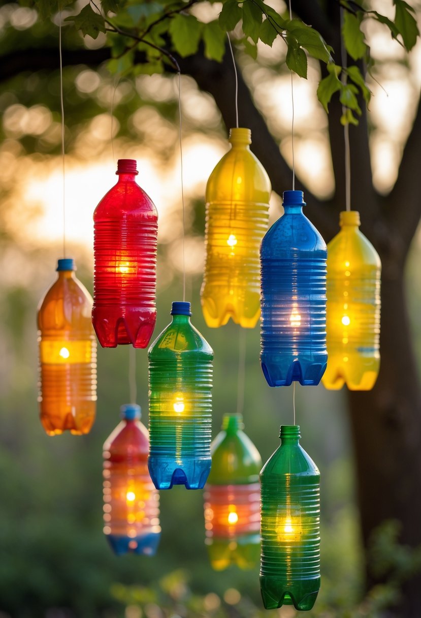 Colorful recycled plastic bottle lanterns hanging outdoors, glowing softly with warm light among green trees.