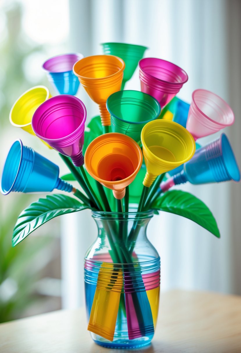 A colorful bouquet of flowers made from plastic cups arranged in a clear glass vase on a bright surface.