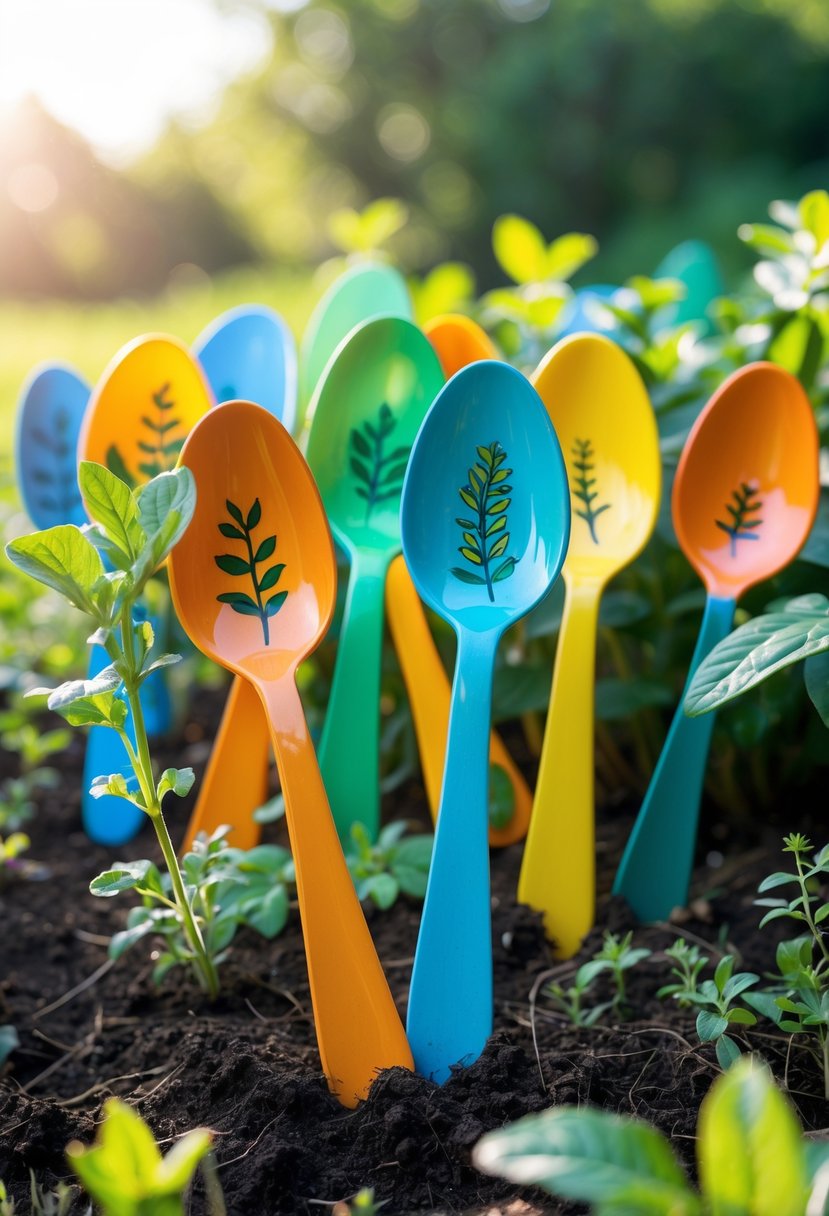 Colorful painted plastic spoons used as garden markers placed in a garden bed among green plants.