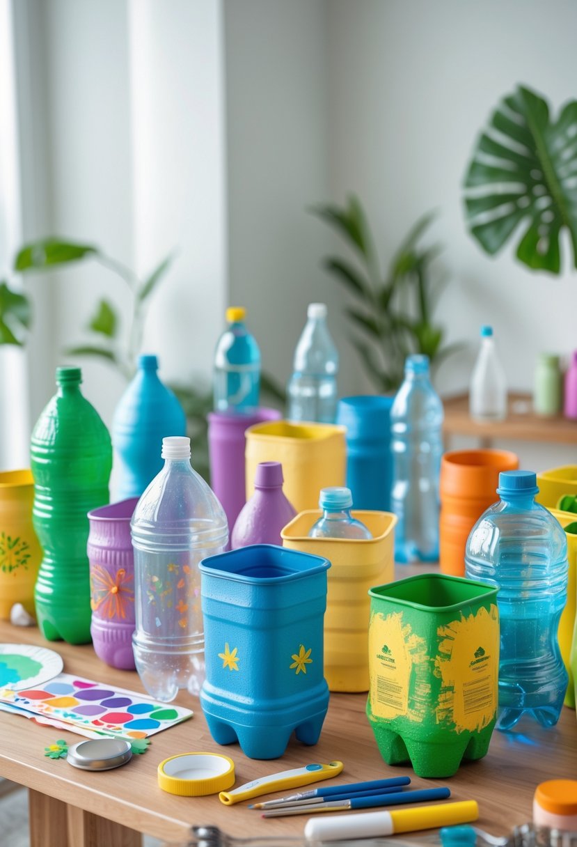 A variety of storage containers made from recycled soda bottles displayed on a wooden table with craft tools nearby.