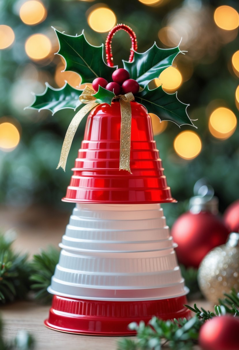 A holiday bell ornament made from stacked red and white plastic cups decorated with ribbons and holly, set against a softly lit background with holiday lights.