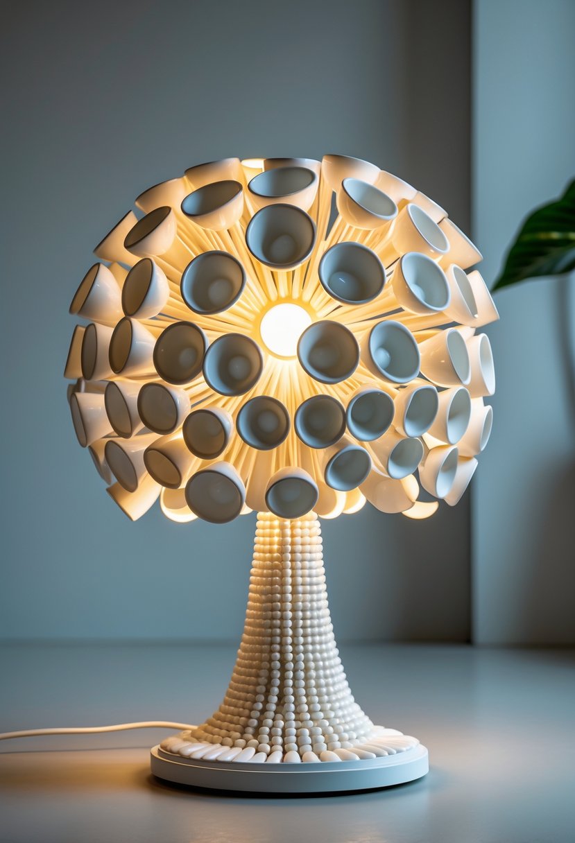 A plastic spoon lampshade made from many white spoons arranged in a spherical shape, glowing softly with warm light.