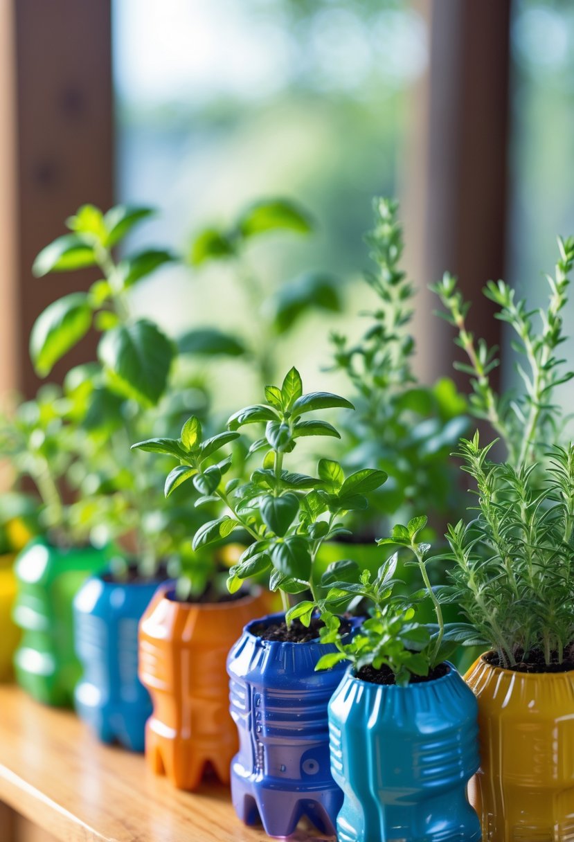 Various small herb plants growing in recycled plastic bottle planters arranged on a wooden surface indoors.