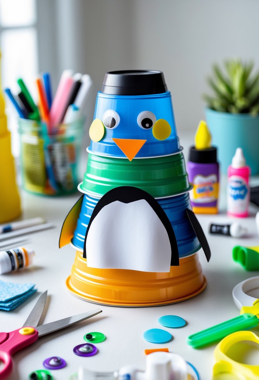 A crafted penguin made from stacked plastic cups surrounded by craft supplies on a workspace.