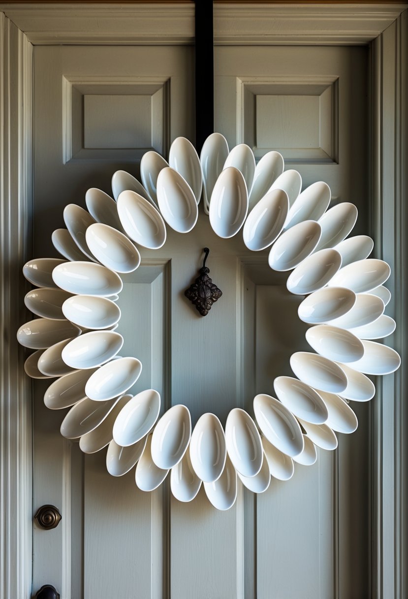 A decorative wreath made from white plastic spoons hanging on a wooden front door.