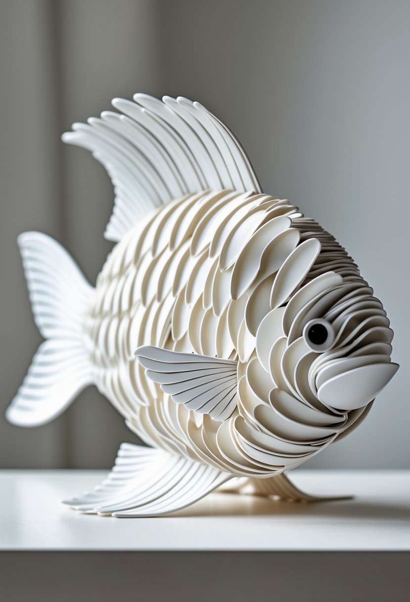 A detailed fish sculpture made from white plastic spoons displayed on a plain background.