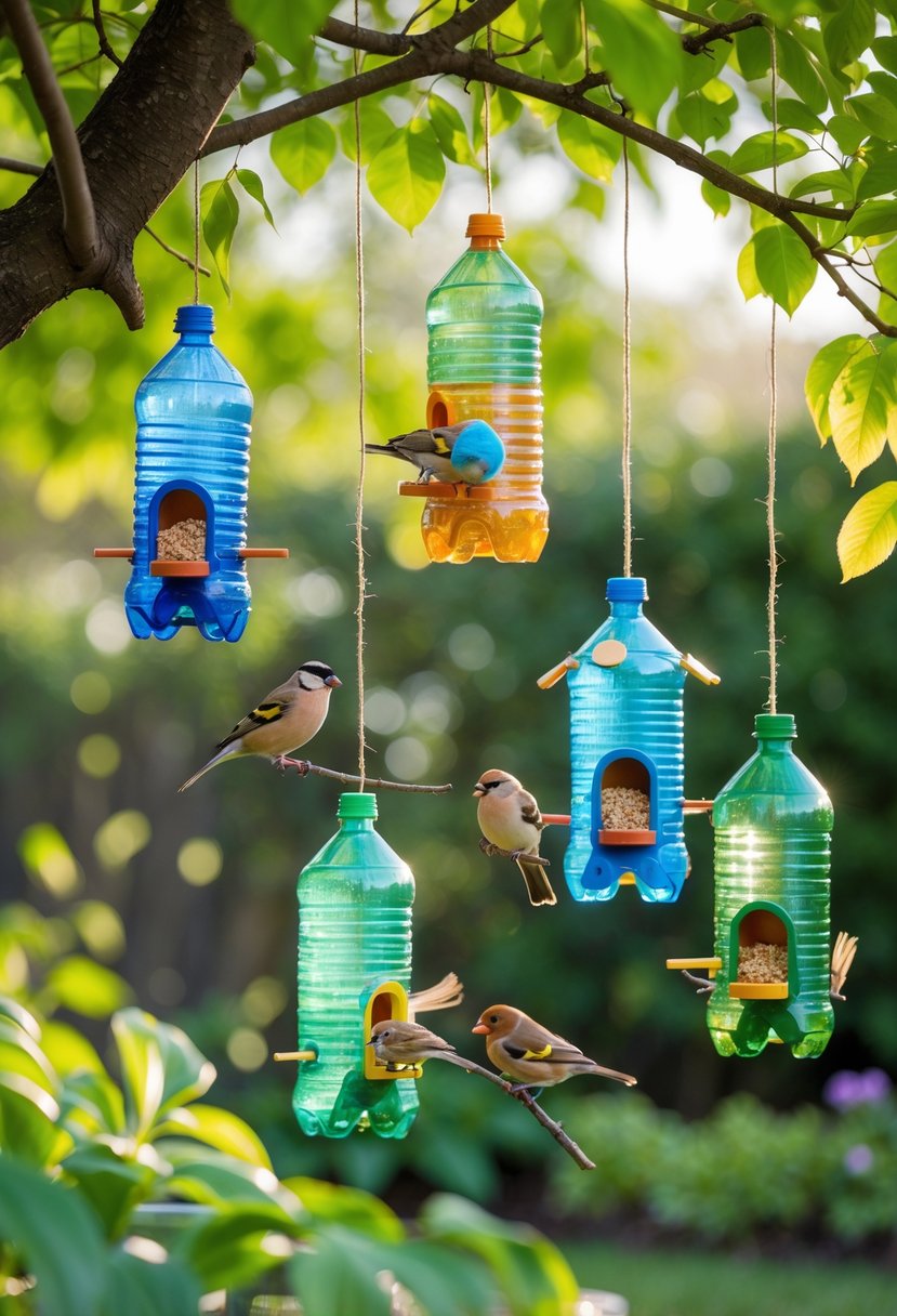 Colorful bird feeders made from recycled plastic bottles hanging from tree branches with birds feeding in a garden.