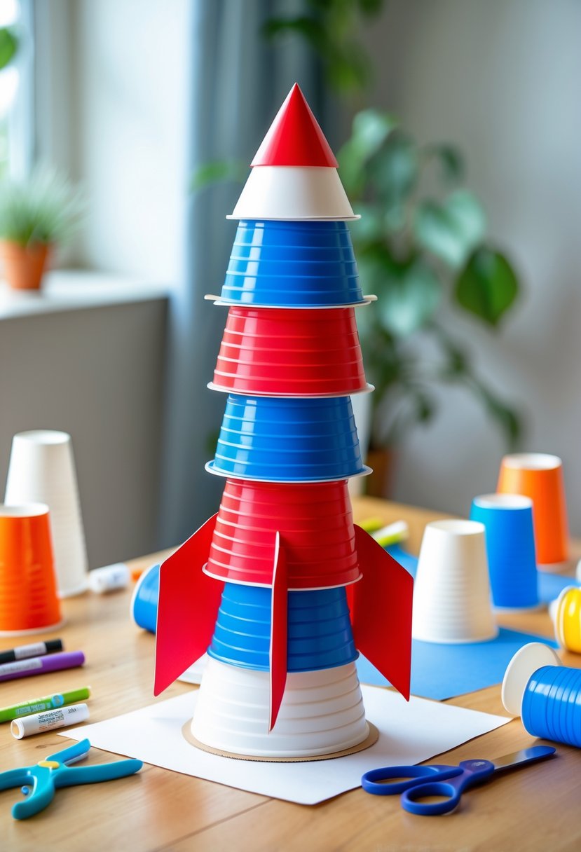 A colorful rocket ship made from stacked plastic cups sitting on a wooden table surrounded by crafting supplies.