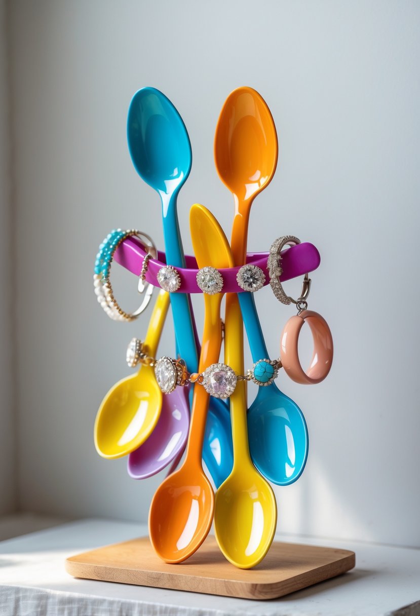 A decorative jewelry holder made from colorful plastic spoons holding rings, bracelets, and earrings on a clean surface.