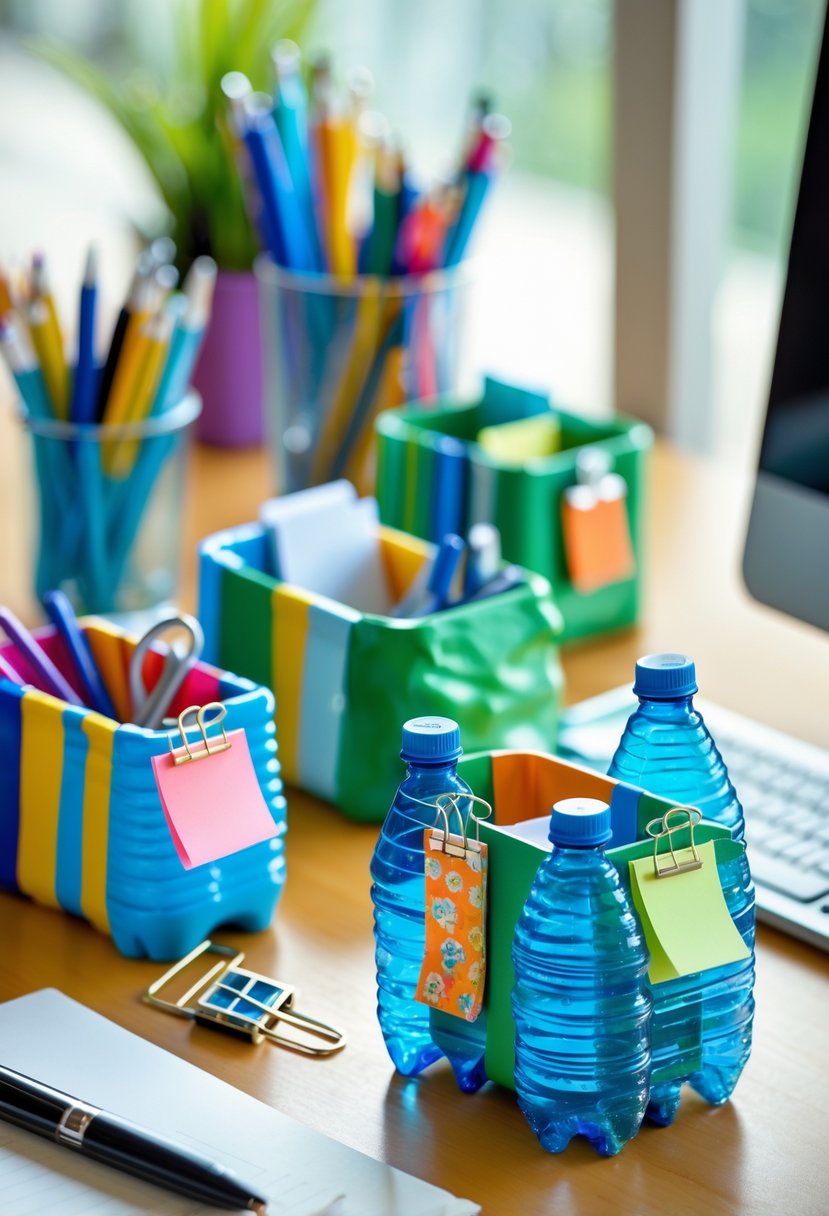 A desk with colorful recycled plastic bottle organizers holding office supplies like pens and scissors.