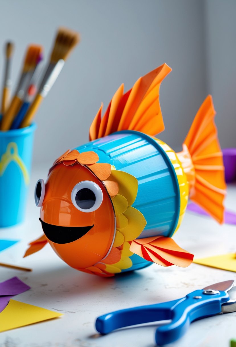 A colorful plastic cup decorated and transformed into a fish with painted scales and attached fins, placed on a white surface with craft supplies in the background.