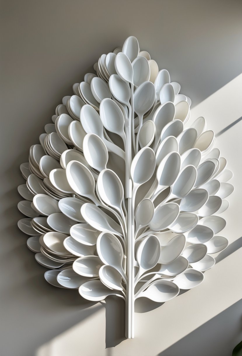 A large leaf-shaped wall decoration made from white plastic spoons arranged on a plain wall.