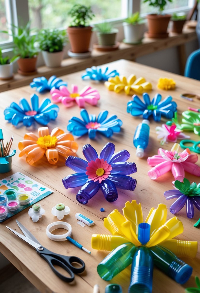 A bright indoor craft table with colorful plastic bottle flowers, crafting tools, and natural light from a window.