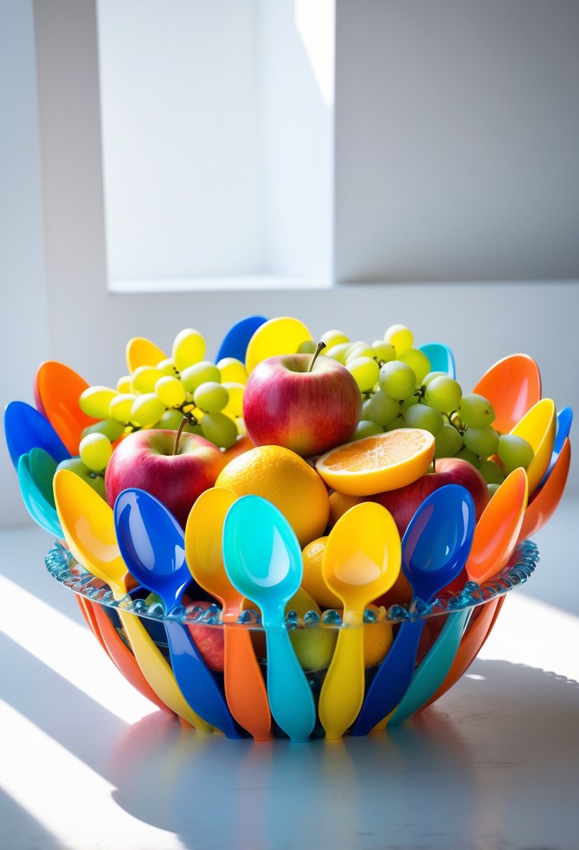 A colorful fruit bowl made from plastic spoons filled with fresh apples, grapes, bananas, and orange slices on a plain background.
