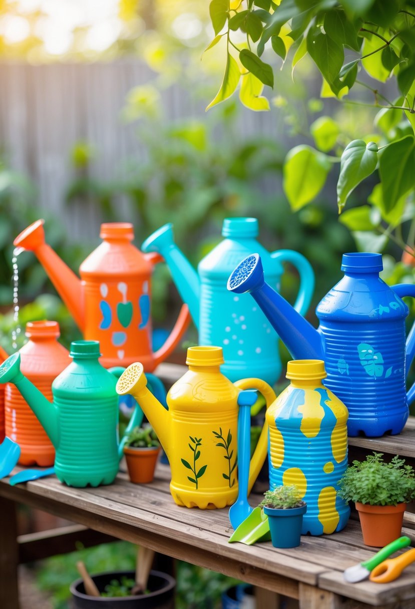 A collection of colorful watering cans made from recycled plastic bottles displayed on a wooden surface with plants and gardening tools nearby.