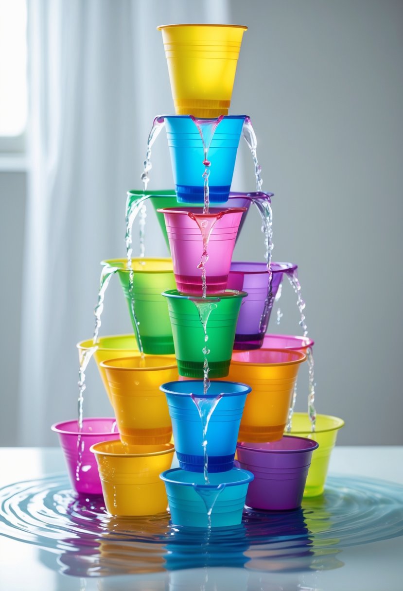 A colorful cascading waterfall made from stacked plastic cups with water flowing through them.
