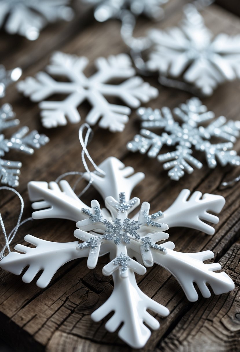 Close-up of several snowflake ornaments made from white plastic spoons arranged on a wooden surface.