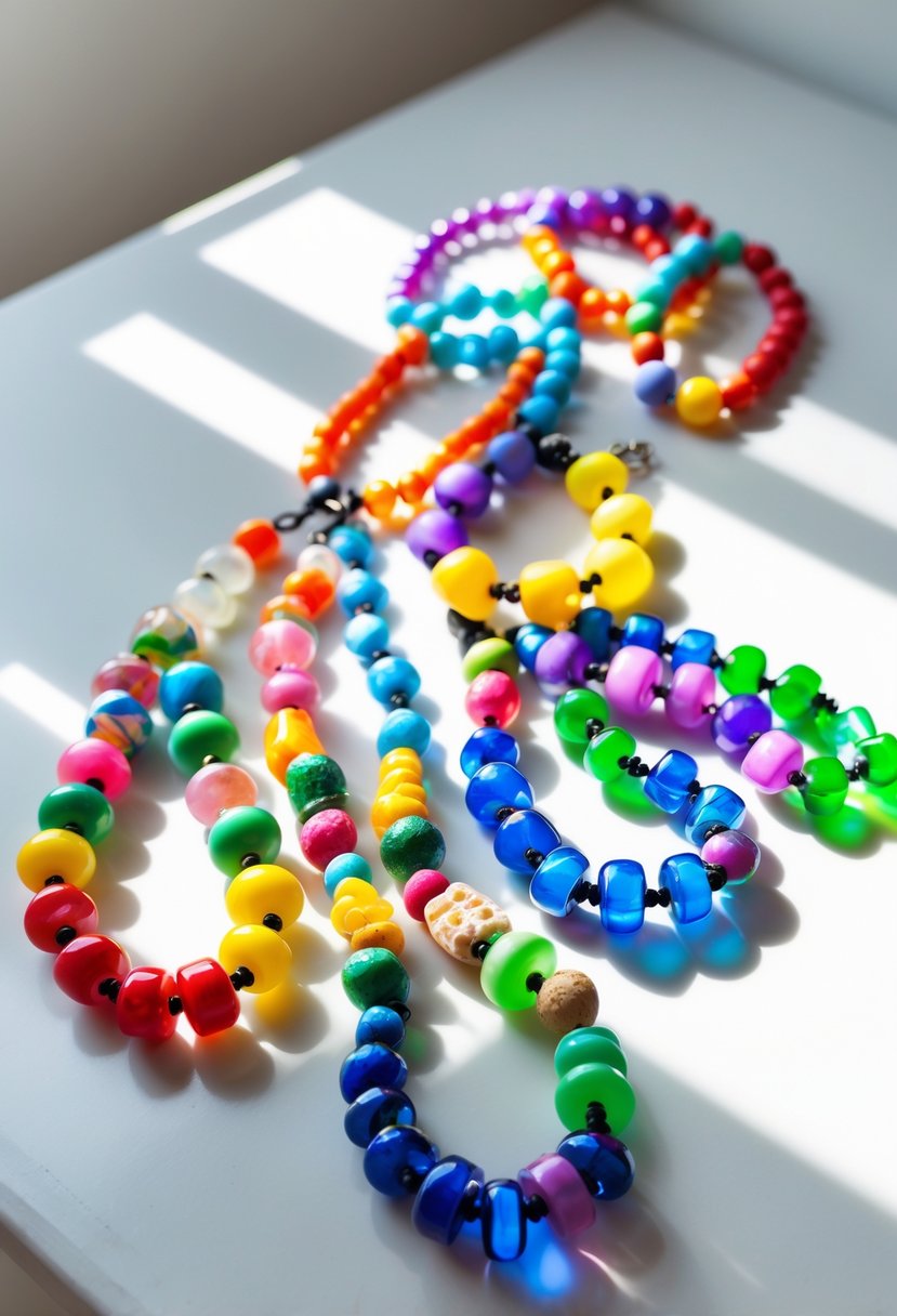A collection of colorful bead necklaces made from recycled plastic bottles arranged on a white surface.