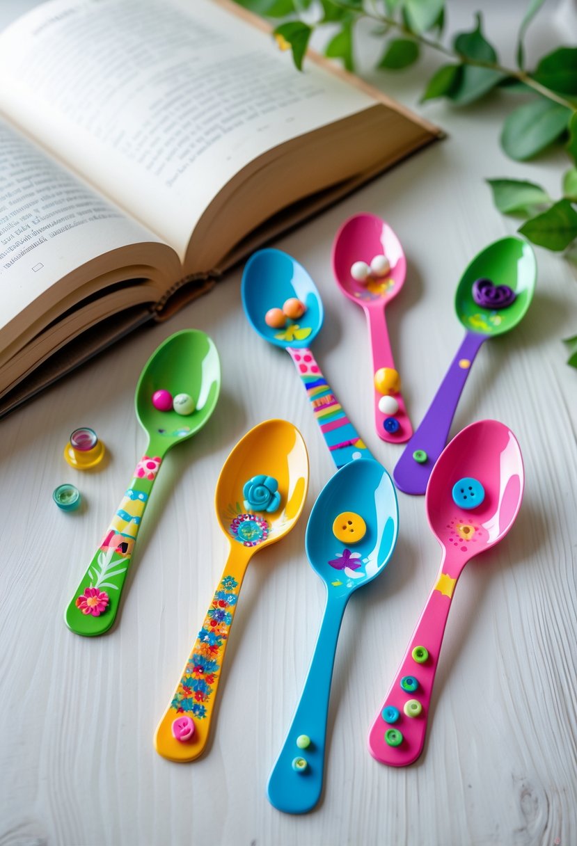 Colorful plastic spoons decorated as bookmarks arranged next to an open book on a wooden surface.