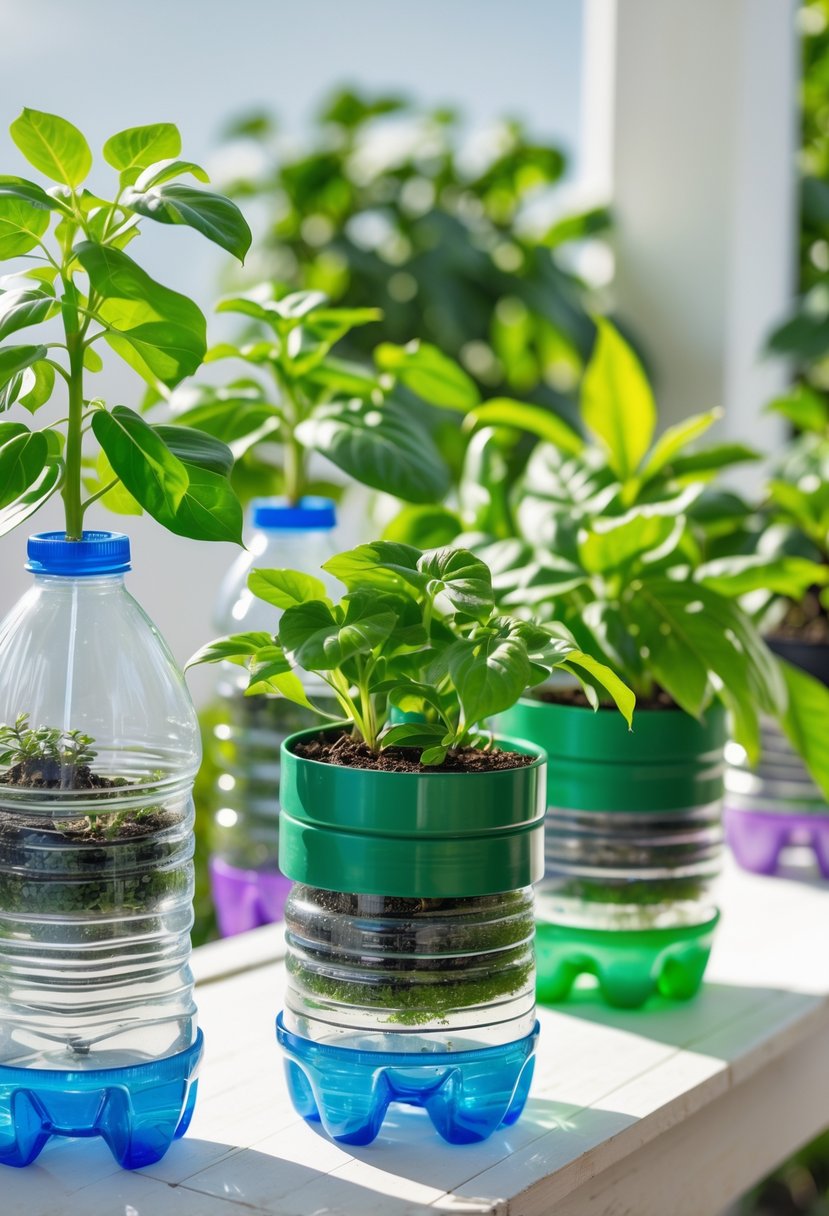 A collection of self-watering plant pots made from recycled plastic bottles holding healthy green plants on a wooden surface.