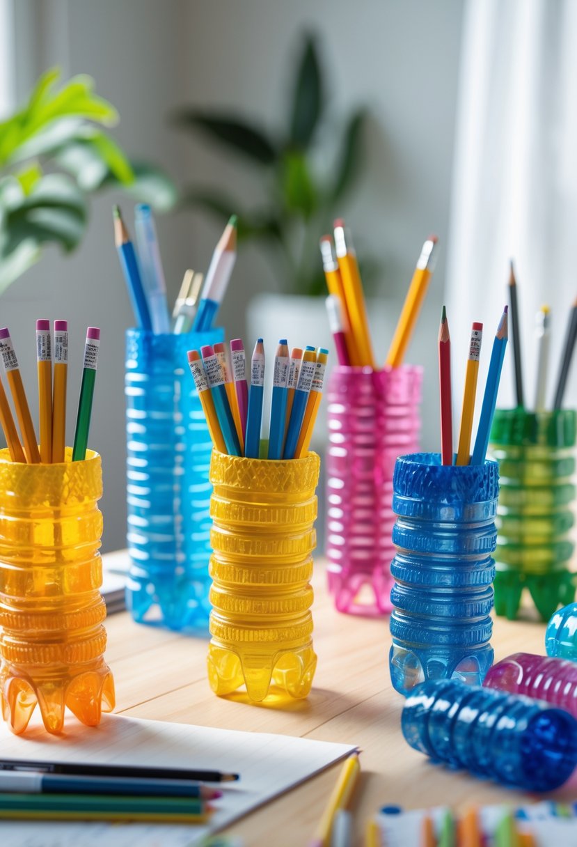 A collection of colorful pencil holders made from recycled plastic bottles arranged on a wooden desk with pencils and pens inside.