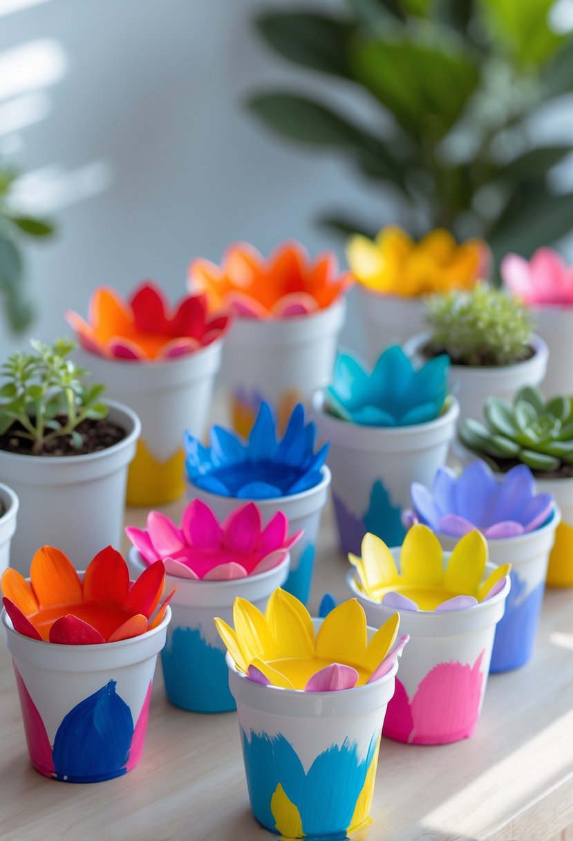 A variety of plastic containers decorated with colorful painted petals, used as flower pots holding small green plants on a wooden surface.