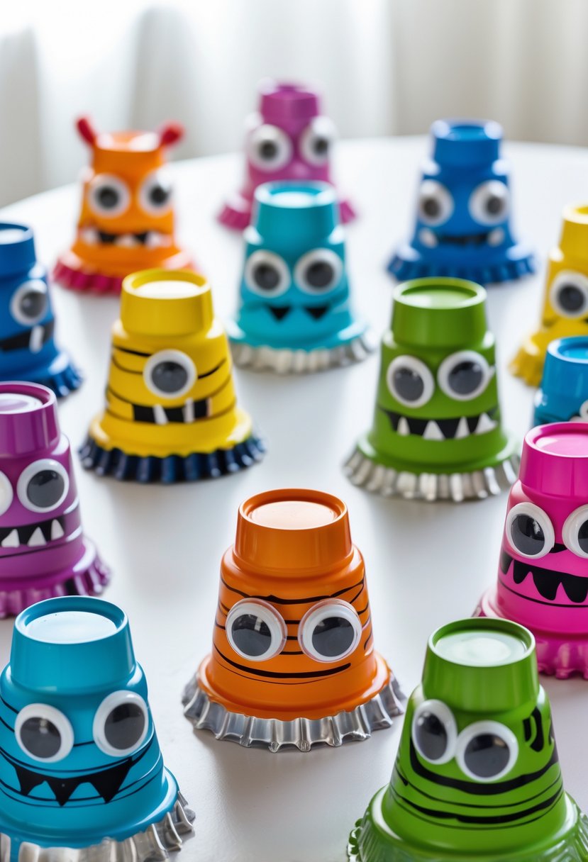 A group of colorful plastic bottle caps decorated with paint and googly eyes arranged on a white surface.