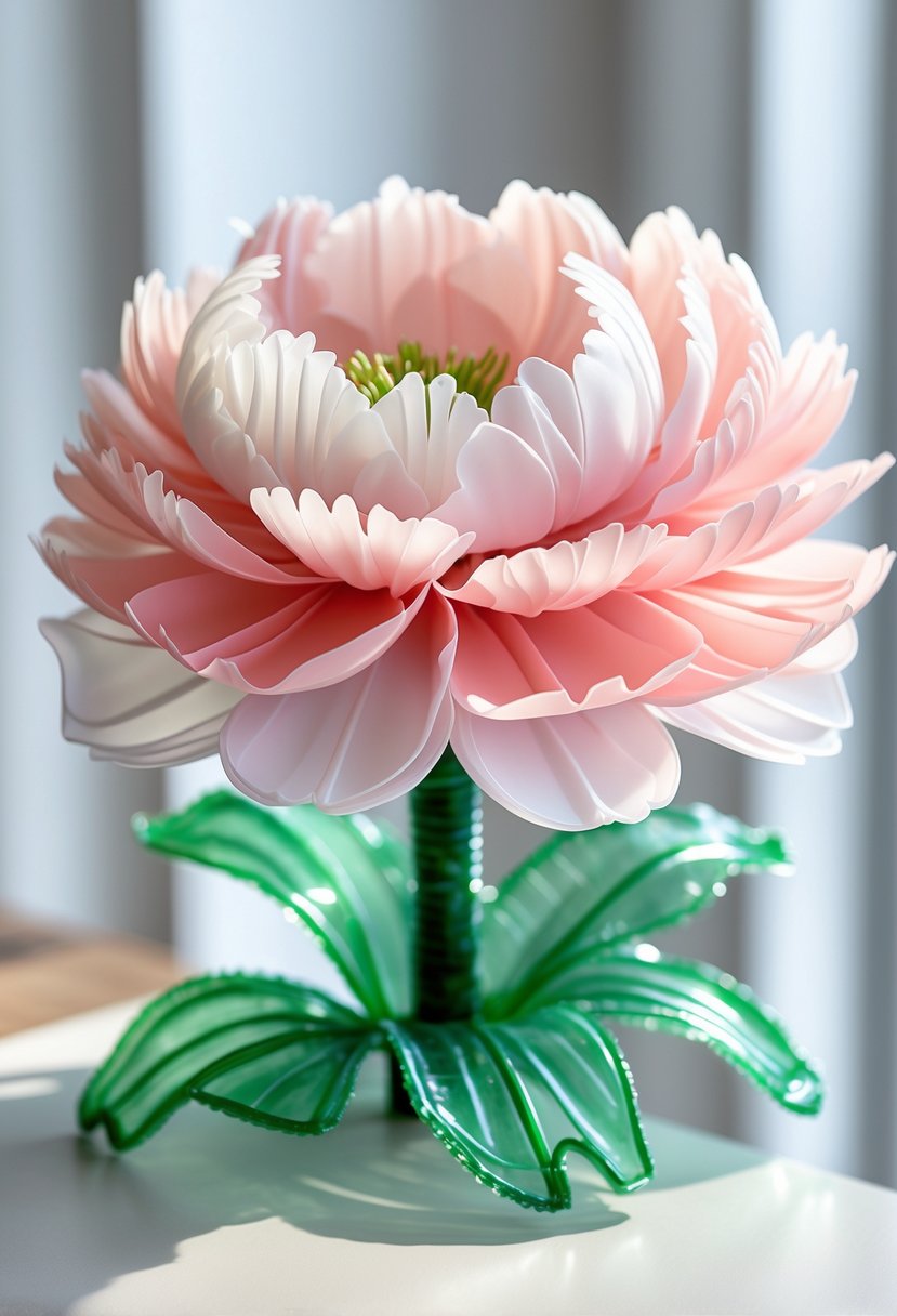 A layered peony flower made from recycled plastic bottles with pink and white petals and green leaves on a neutral background.