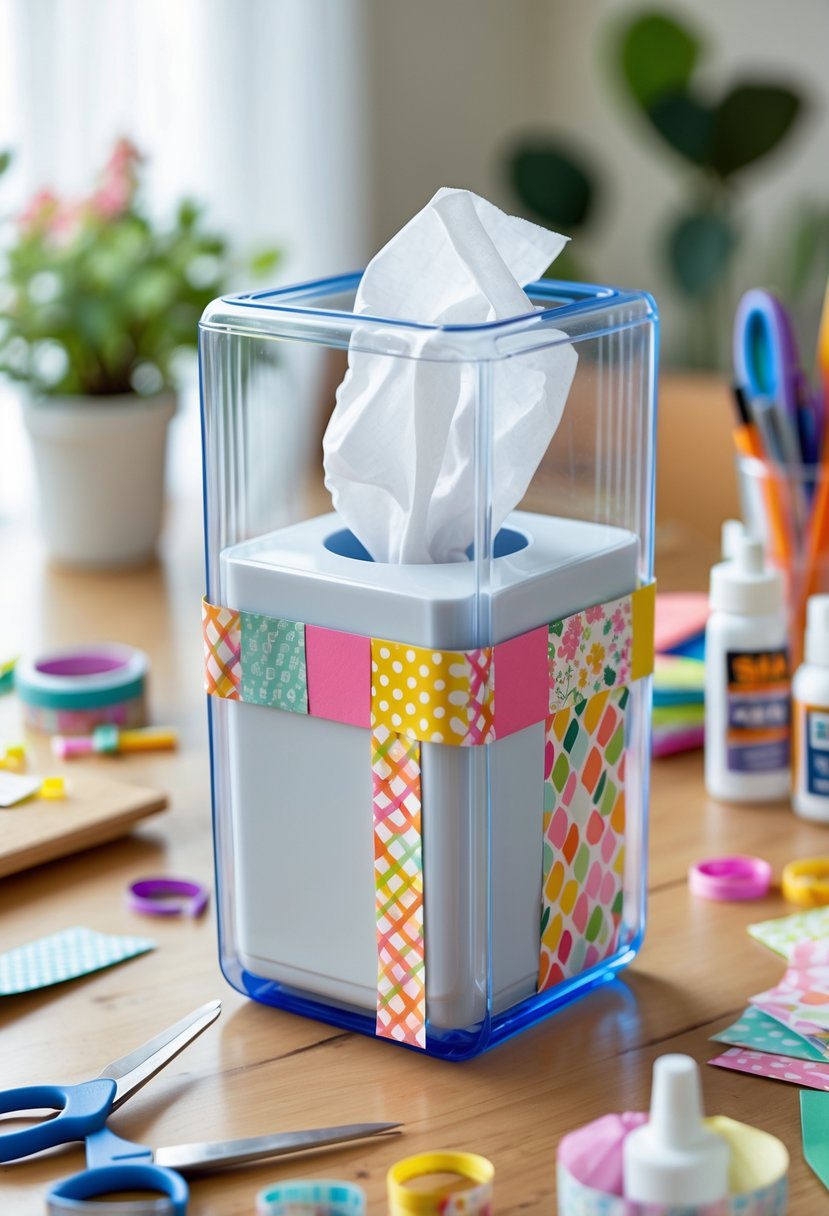 A DIY tissue dispenser made from a clear plastic container on a wooden table surrounded by craft supplies.